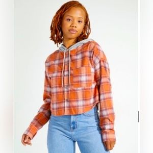 NWT Burnt Orange Cropped Long Sleeve Hooded Flannel Shirt